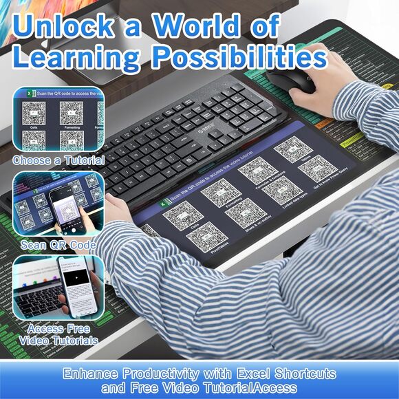 Excel Cheat Sheet Desk Pad 31.5x11.8 Mouse Pad with Shortcuts QR Tutorials Mat - Picture 4 of 7